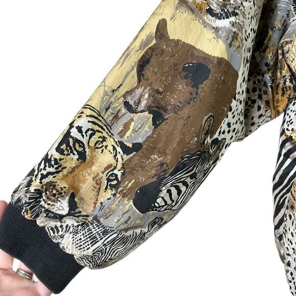 Vintage 80s Atlantic Beach 100% Silk Safari Animal Lightweight Bomber Jacket, XL - Picture 6 of 15
